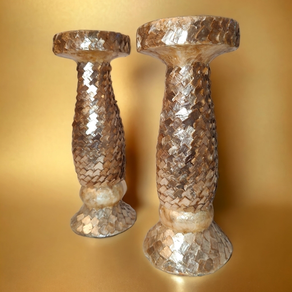 RARE Capiz Shell Candle Stands - Set of 2 - Picture 1 of 8